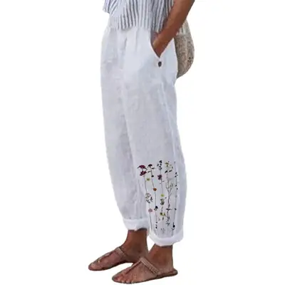 Women Loose Printed Linen Pants Autumn Casual White