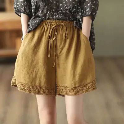 Women Slim Crochet Linen Shorts Summer Black