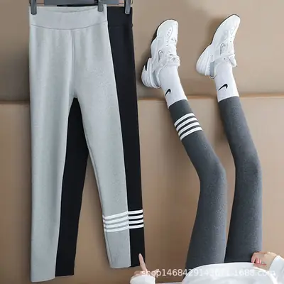 Women Gray Brushed Fleece Leggings Winter Thickened Cotton Pants