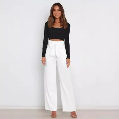 White Wide Leg Pants with Bow Tie Waist for Women