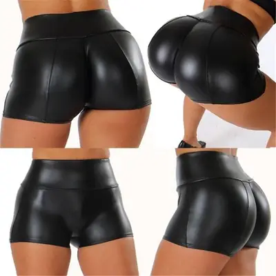 Women Black Leather High Waist Shorts