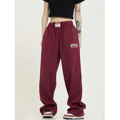 Women Maroon Loose Fit Sweatpants Autumn New Trendy