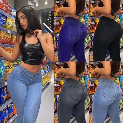 Women High Waist Stretch Skinny Jeans Blue Black Grey