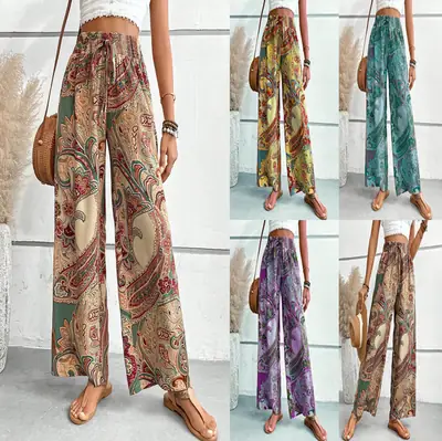 Women Paisley Print Loose Pants Multi Color Casual Fit
