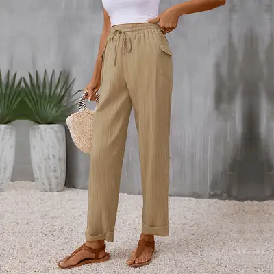 Women Khaki Casual Pants with Drawstring Waist and Pockets