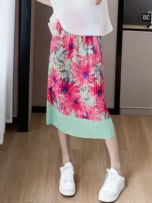 Women Pleated Summer Skirt Slim Fit High Waist Mid Length