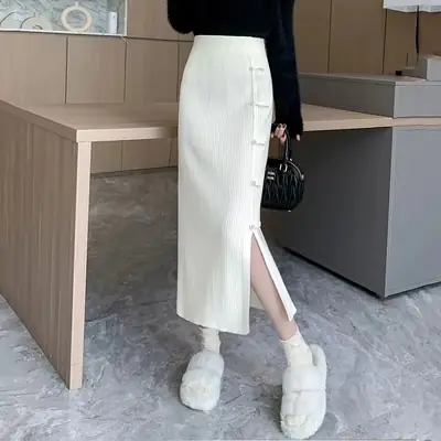 Women Knitted Long Skirt High Waist Slim Fit Creamy White Winter