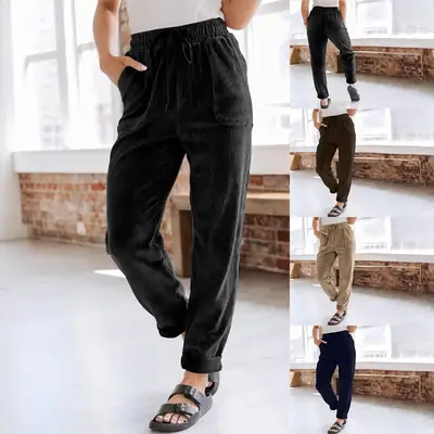 Women Corduroy Wide Leg Pants Black Winter Casual