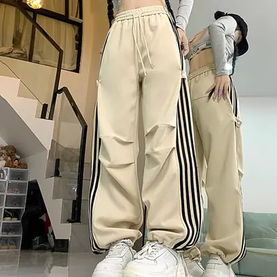Women Wide-Leg Overalls Khaki Loose Autumn Sports Pants