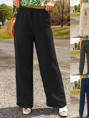 Women Loose Wide Leg Trousers Cotton Black Summer