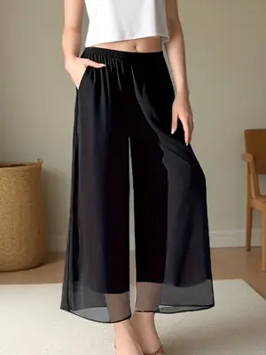 Women Chiffon Wide Leg Pants Black Loose Summer Casual
