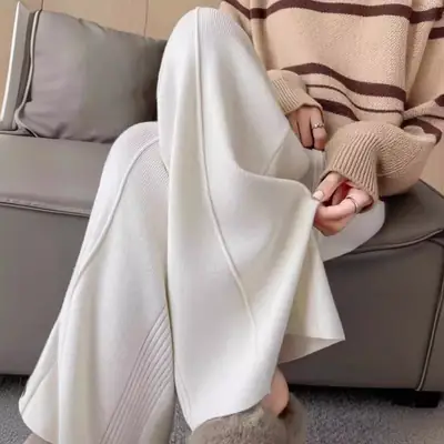 Women Knitted Wide-Leg Pants Creamy White Winter Casual