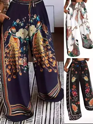 Women Wide-Leg Printed Pants XL Black Plus Size Casual