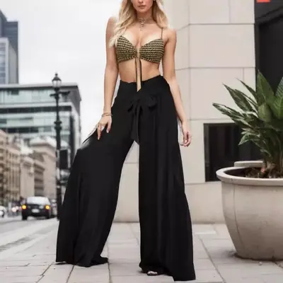 Women Strappy Elastic Waist Wide-leg Pants Black Loose Fit