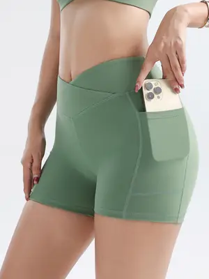 Women High Waist Yoga Shorts Green With Pocket
