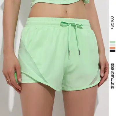 Women Light Green Fake Two-Piece Sports Shorts Summer