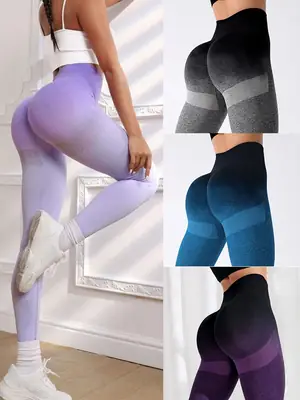Women Gradient High Waist Sports Tights Black Purple Seamless Breathable