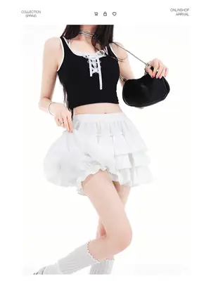 White Ruched Puffy Skirt for Women Summer Elastic Waist