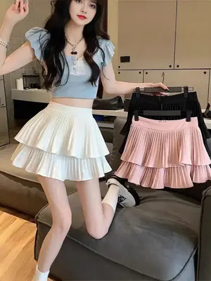 Women Ruffled Double Layer Puffy Skirt Summer Korean Style Pu Material