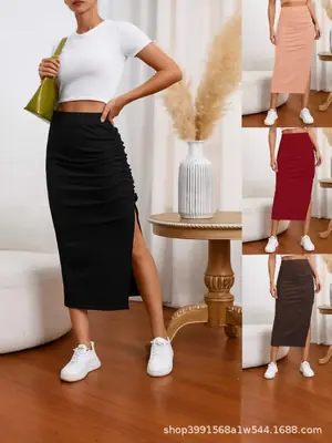 Women Pleated Slit Skirt Black Elastic Summer Fashion