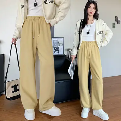 Women Yellow Loose Wide Leg Sweatpants Autumn Sports Casual