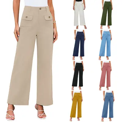 Women High Waisted Wide Leg Stretch Pants with Flap Pockets