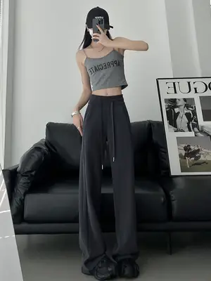 Women Dark Gray High Waist Wide Leg Sports Pants Spring Autumn