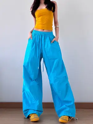 Women Wide Leg Pants Blue Loose Casual Spring Autumn