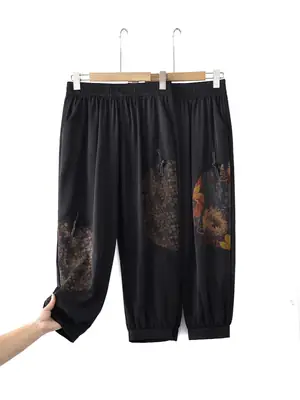 Plus Size Black Floral Loose Pants Summer Casual