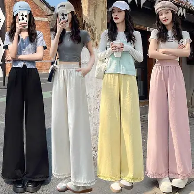 Women High-Waisted Wide Leg Pants Cotton Ruffled Summer Casual
