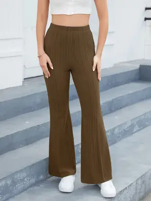 Women High-Waist Flared Pants Brown Casual
