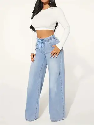 Women Light Blue High Waist Wide Leg Denim Jeans