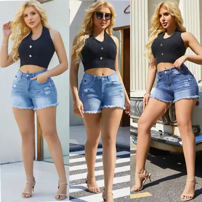 Women Denim Shorts Dark Blue Stretch Tassel Hole Washed