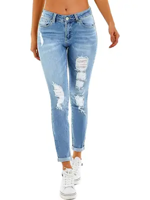 Light Blue Ripped Denim Trousers for Women with Elastic Waist