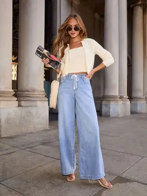 Women High-Waisted Drawstring Wide-Leg Denim Trousers Plus Size