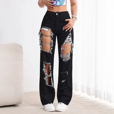 Black High Waist Ripped Straight Jeans Women