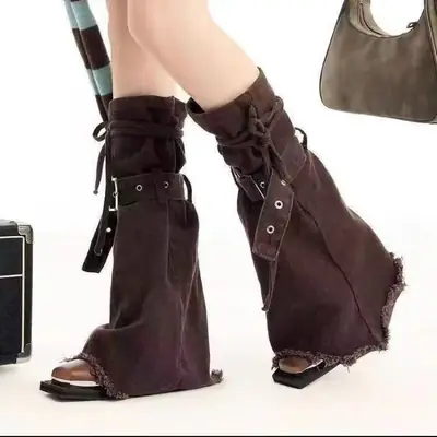 Brown Denim Punk Leg Cover with Lace Straps