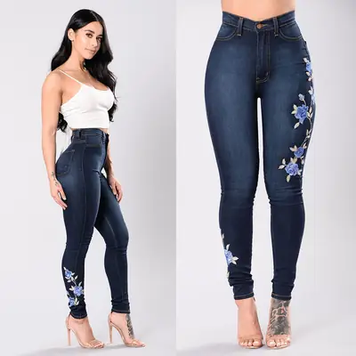 Navy Blue Floral Embroidered Jeans for Women