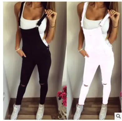 Women Casual Shoulder Strap Jumpsuit White Black Ripped Leg