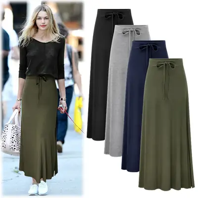 Women High Waist Belted Slit Skirt Spring Summer Olive Green