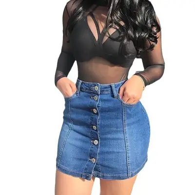 Women Denim Button Skirt S-Blue Summer Casual