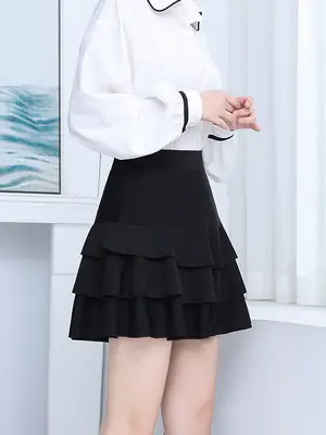 Black High Waist Pleated Skirt Women Plus Size Spring Summer