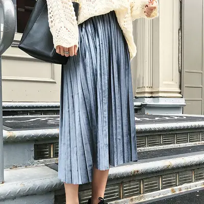 Elegant Pleated Skirt Blue Plus Size Elastic Waist