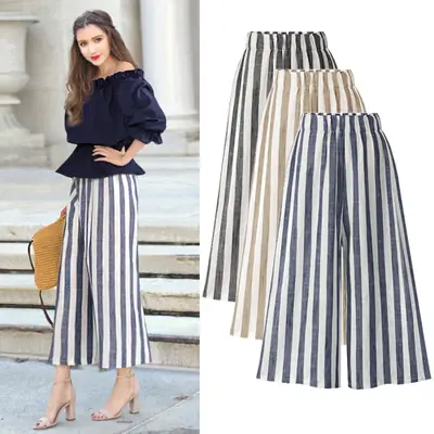 Women Linen Striped Wide-leg Pants Plus Size High Waist Summer