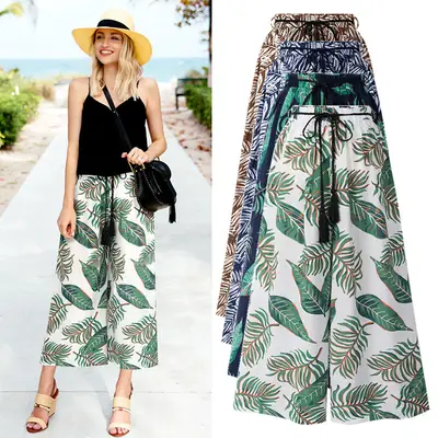 Women Floral Wide-leg Cropped Beach Pants XXL Green White