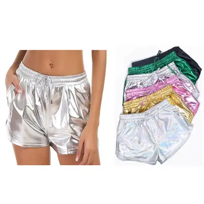 Women Metallic PU Shorts Silver Multi Color Elastic Waist