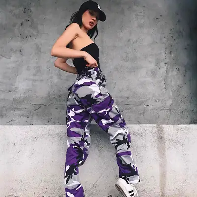 Purple Camo Denim Harem Pants Women Casual