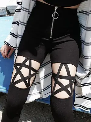 Black High Waist Zipper Pants with Star Cutout Design