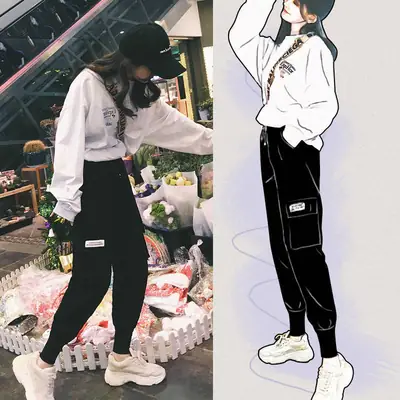 Women Black High Waist Casual Pants Spring Sports
