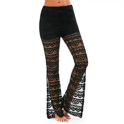 Women Black Lace Flared Casual Pants Summer Loose Fit